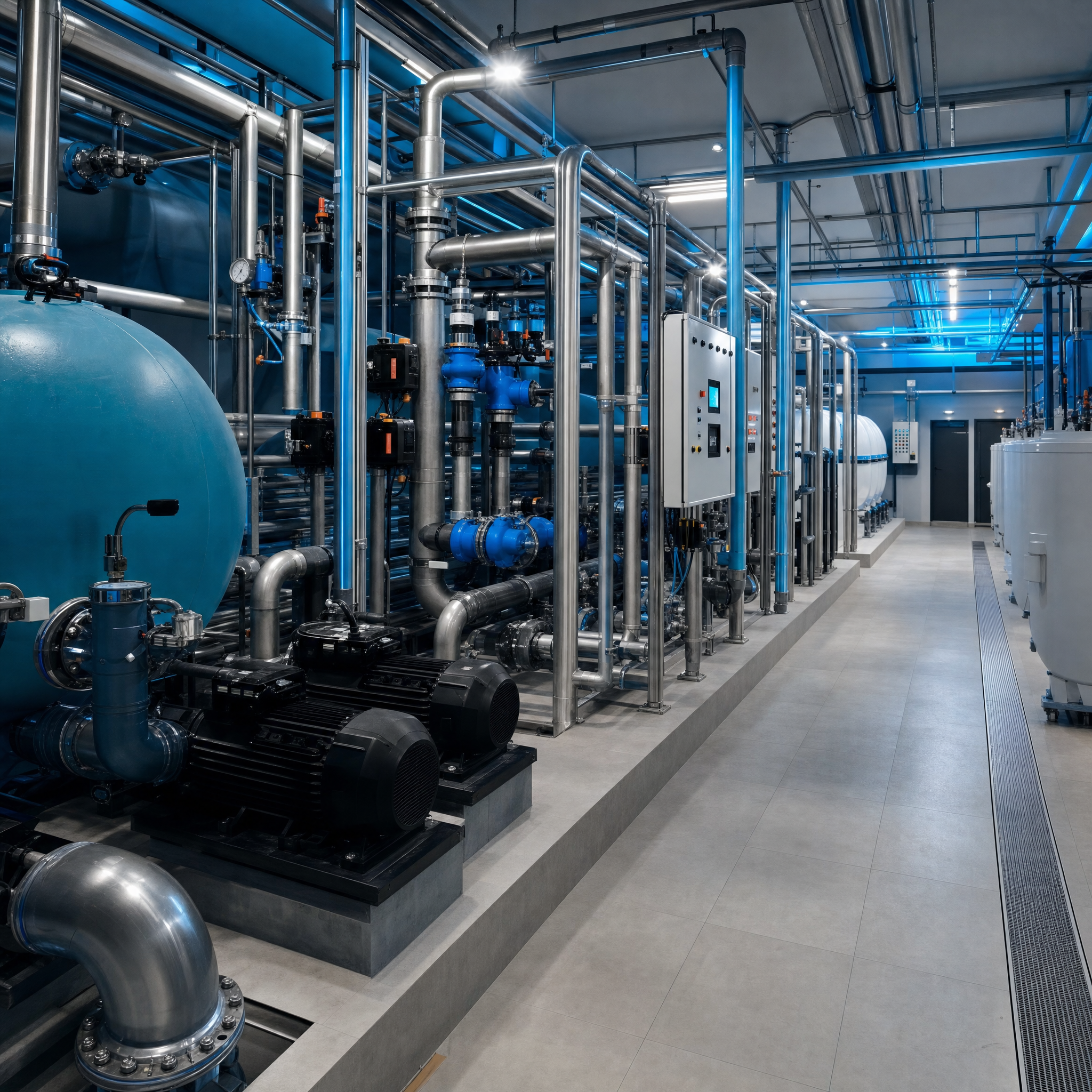 Modern commercial swimming pool filtration plant room