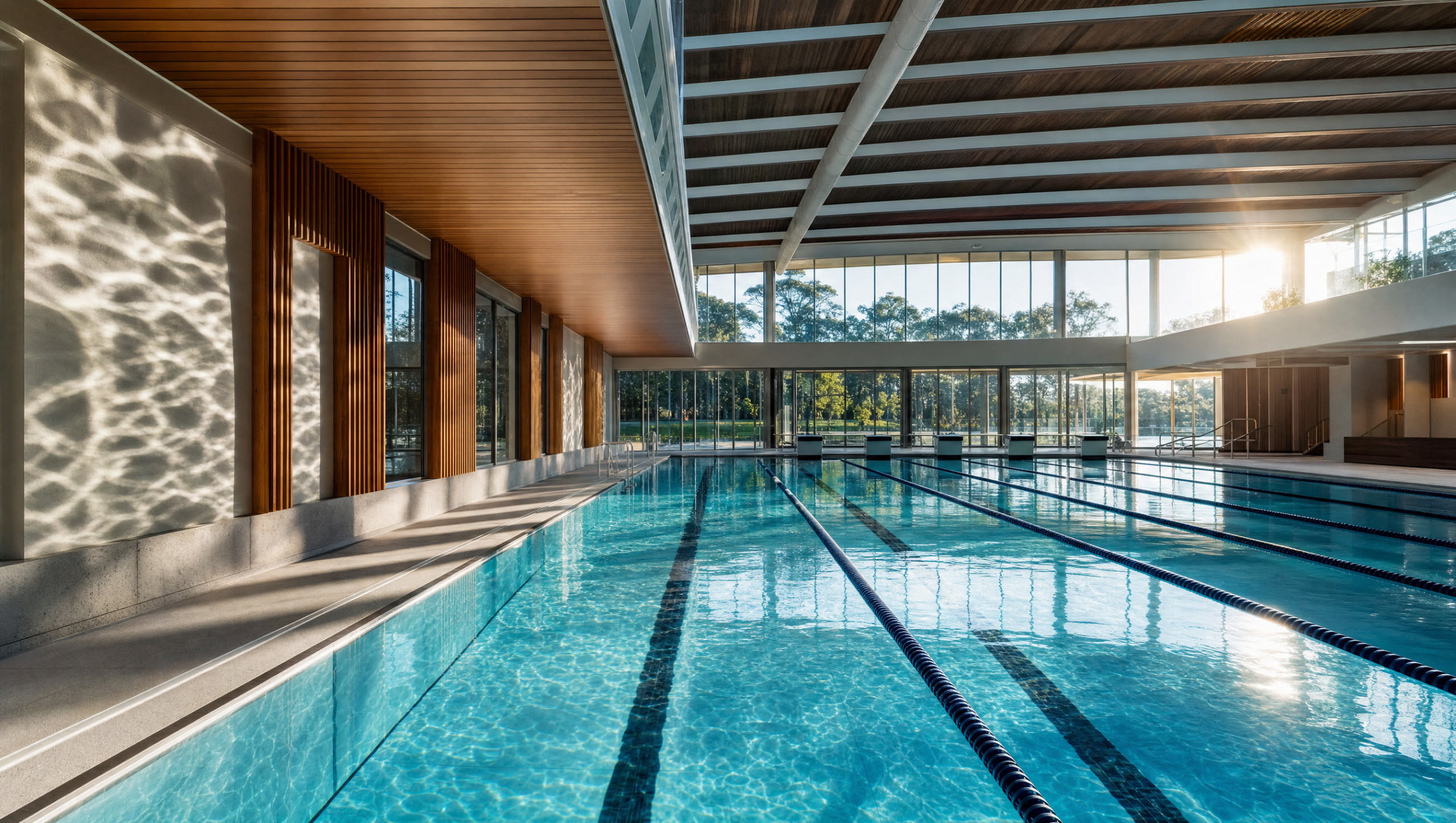Modern indoor commercial swimming pool with clear turquoise lanes